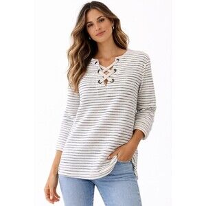 Madewell Womens Sweater L Top Nautical Lace-Up Striped Black White Coastal